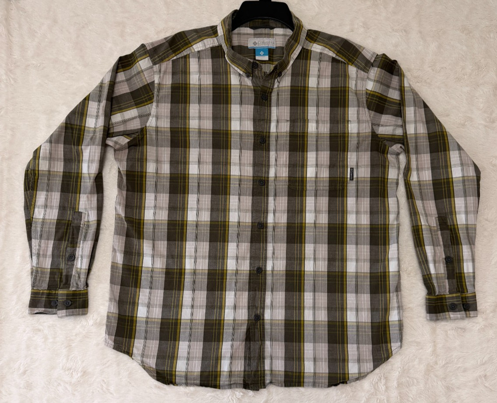 Columbia Sportswear Mens Shirt XL Olive Green Plaid Long Sleeve Stretch Cotton